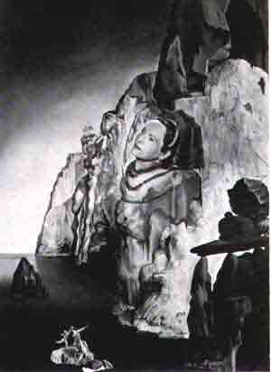 Helena Rubinsteins head emerging from a rocky cliff 1942